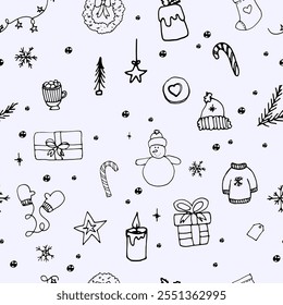 Doodle seamless pattern of Christmas, New year. Good for print or wrapping paper. 