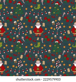 Doodle Seamless pattern For Christmas. Santa Claus, gingerbread cookies, elf shoe, gifts cute elements