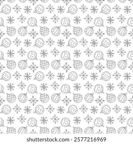 Doodle seamless pattern with Christmas tree balls and snowflakes. Black outline illustration.  