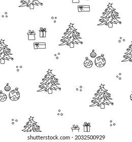 Doodle seamless pattern  with Christmas trees, balls, presents and gifts.  Black and white outline drawing. Vector illustration.