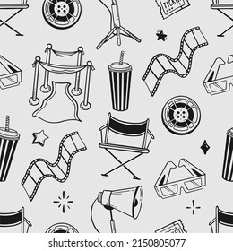 Doodle seamless pattern cinema flapping board film popcorn 3d glasses loudspeaker Vector illustration in the style of doodle isolated on a gray 