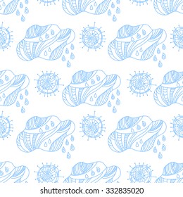 Doodle seamless pattern of clouds and sun. Blue and white graphics for design background, wallpaper, packaging, fabrics, textiles.