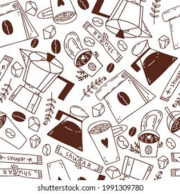 doodle sin costura con granos de café, cafetera geyser, taza con café, taza de papel con café, cubos de azúcar. Dibujado por contornos oscuros aislados en blanco. diseño de tela, fondo de cocina.