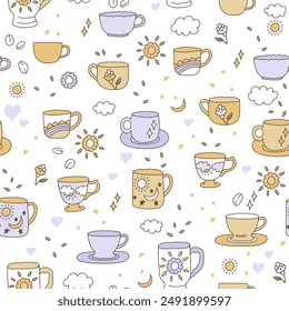 Doodle patrón sin fisuras con tazas de café. Textura dibujada a mano sobre un fondo blanco.  Diseño de estampado moderno para los amantes del café en casa.