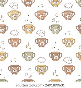 Doodle seamless pattern with coffee and tea mugs. Hand-drawn texture.  Modern print design for tea lovers.