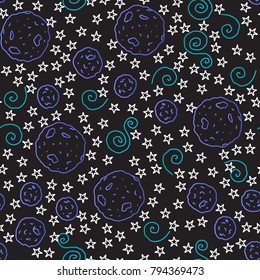 Doodle seamless pattern. Color and white space. Vector illustration. Planets, stars isolated on a black background.