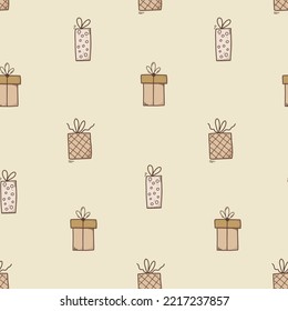 Doodle seamless pattern of colorful christmas gift box and decorations on yellow background. Vector hand drawn cartoon style. Boho color. Happy New Year. 