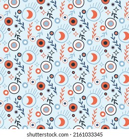 doodle seamless pattern with colorful circles and foliage