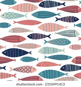 doodle seamless pattern with colorful fishes 