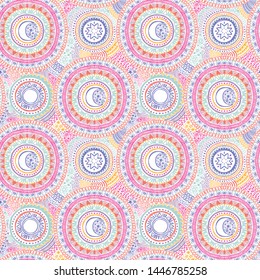Doodle seamless pattern with colorful mandala, stars and moons, pastel palette, sketch style vector illustration
