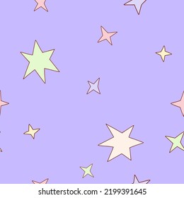 Doodle seamless pattern with colorful outline simple stars. Hand drawn cosmic elements. Cute vector texture for childish textile, fabric, paper. Sky, space, universe texture for kids. Pastel colors 