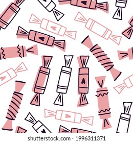 doodle sin costura con dulces coloridos. contorno de dulces de diferentes colores. diseño de tela, embalaje, fondo. ilustración vectorial aislada en fondo blanco