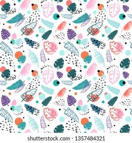 Doodle Seamless Pattern of Colorful Tropical Leaves and Black Dots
