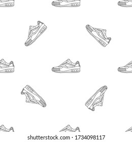 doodle seamless pattern contour shoes. cartoon sneaker isolated on white background. monohrom vector illustration.