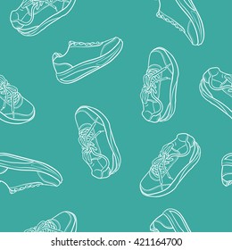 doodle seamless pattern contour shoes. cartoon sneaker isolated on blue