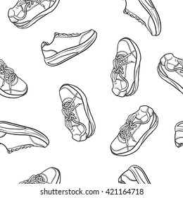 doodle seamless pattern contour shoes. cartoon sneaker isolated on white