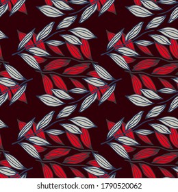 Doodle seamless pattern with contoured leaves branches. Foliage in red and blue colors on black background. Designed for wallpaper, textile, wrapping paper, fabric print. Vector illustration.