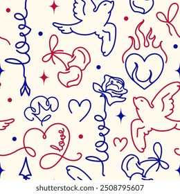 Doodle seamless pattern. Cool Love themed scribbles. Playful hearts and romantic doves. Teen vector background with outline drawings. Coquette girly wallpaper. Hand drawn sweet style lines