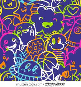 Doodle seamless pattern with cool monsters and school elements on violet background.  Print for kids