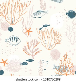 Doodle seamless pattern with corals, fishes, starfishes, spots and dots. Vector hand drawn illustration.