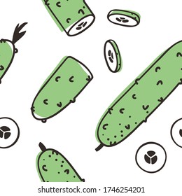 Doodle seamless pattern with cucumber. Hand drawn stylish fruit and vegetable. Vector artistic drawing fresh organic food. Summer illustration vegan ingrediens for smoothies