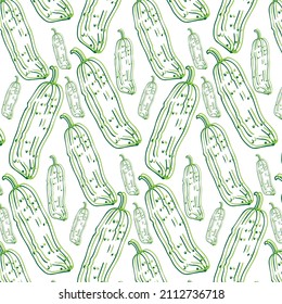 Doodle seamless pattern with cucumber. Hand drawn stylish fruit and vegetable. Vector artistic drawing fresh organic food. Summer illustration vegan ingrediens for smoothies