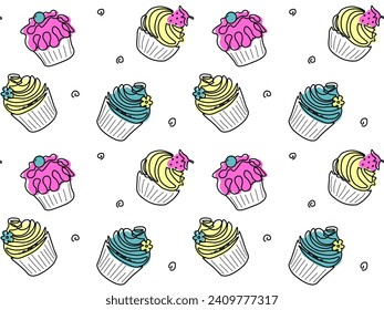 Doodle nahtlose Muster von Cupcakes, Kuchen, Süßigkeiten für den Urlaub