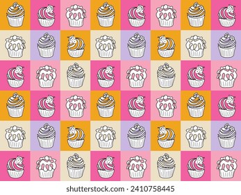 Doodle seamless pattern of cupcakes on colored squares, tile , cakes, sweets for the holiday