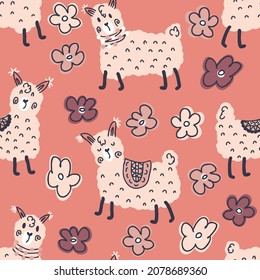 Doodle seamless pattern of cute alpacas and flowers. Perfect for T-shirt, textile and print. Hand drawn vector illustration for decor and design.