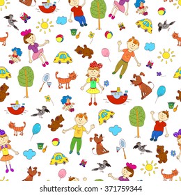 Doodle seamless pattern of cute child's life including pets, toys, plants, things for sport and celestial elements. Vector illustration.
