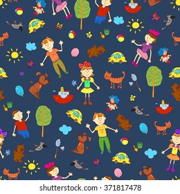 Doodle seamless pattern of cute child's life including pets, toys, plants, things for sport and celestial elements. Vector illustration.