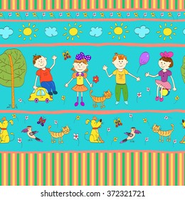 Doodle seamless pattern of cute child's life including pets, toys, plants, things for sport and celestial elements. Vector illustration.