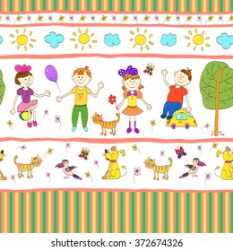 Doodle seamless pattern of cute child's life including pets, toys, plants, things for sport and celestial elements. Vector illustration.