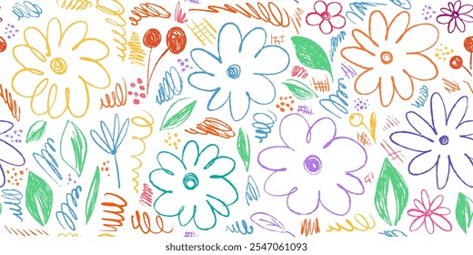 Padrão sem emenda Doodle com flores bonitas, folhas e bagas. Fundo botânico grunge simples. Uma flor de camomila. Esboços infantis espalhados sobre um fundo branco