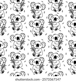 Doodle seamless pattern with cute koala. Hand drawn vector lovely design.