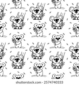 Doodle seamless pattern with cute koala. Hand drawn vector lovely Australian design.