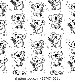 Doodle seamless pattern with cute koalas and eucalyptus. Hand drawn vector design.