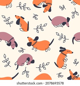 Doodle seamless pattern with dachshunds and leaves. Perfect for T-shirt, postcard, textile and print. Hand drawn vector illustration for decor and design.

