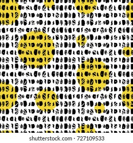 Doodle seamless pattern with dashed, dotted lines, spots. Chalk drawn, brush strokes and yellow circles vector illustration on white background.