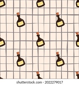 Doodle seamless pattern with decorative rum bottle brown shapes. Pastel pink background with check. Designed for fabric design, textile print, wrapping, cover. Vector illustration.