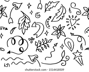 doodle seamless pattern with design element. abstract arrow. line. leaf, flower, star. love heart. curly swishes. and more. vector illustration
