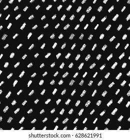 Doodle seamless pattern with diagonal dashed, dotted line. Hand drawn vector black and white illustration on dark background.  