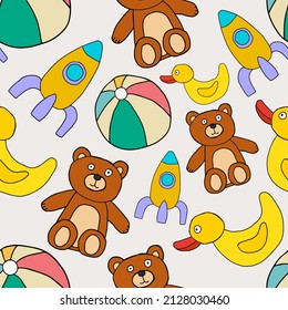 Doodle seamless pattern with different children toys. Teddy Bear, Rubber Duck, Rocket Ship, Beach Ball Background.