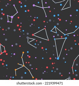 Doodle seamless pattern with different constellations and stars. Vector line art repeated astronomy background
