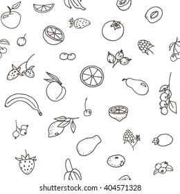 Doodle seamless pattern with different fruits: banana, apple, strawberry, apricot, pear, berries, lemon, orange etc. Line art illustrations.