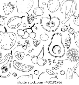 Doodle seamless pattern with different fruits: banana, apple, strawberry, apricot, pear, berries, lemon, etc. Line art illustrations.