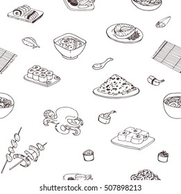 Doodle seamless pattern with different japanese food. Repeated background with food.