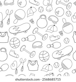  Doodle seamless pattern with different sports equipment on the white background. Hand drawn elements.