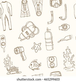 Doodle Seamless pattern with diving tools Vintage illustration for identity, design, decoration, packages product and interior decorating.