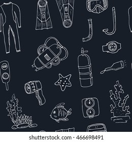 Doodle seamless pattern with diving tools Vintage illustration for identity, design, decoration, packages product and interior decorating.